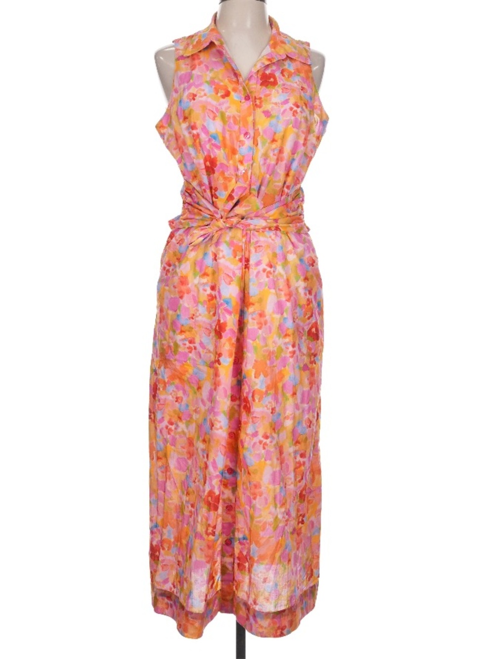 Finley Pink Watercolor Floral Cotton Tie Front Midi Dress Size large